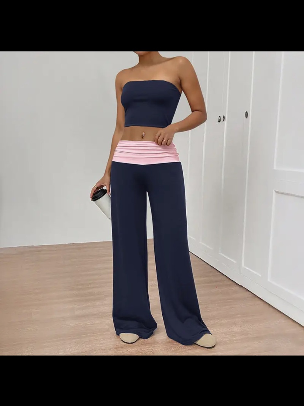 Wide-Leg Navy Lounge Pants with Pink Fold-Over Waistband